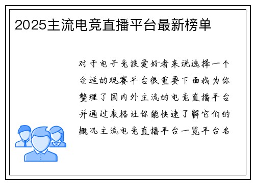 2025主流电竞直播平台最新榜单